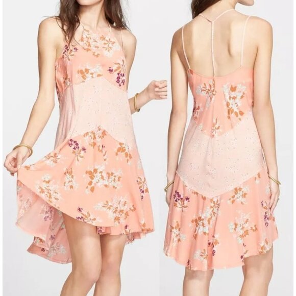 Free People Slip Dress Size Large Voile Crescent Sherbet Patch Work Boho Chic - Picture 1 of 13